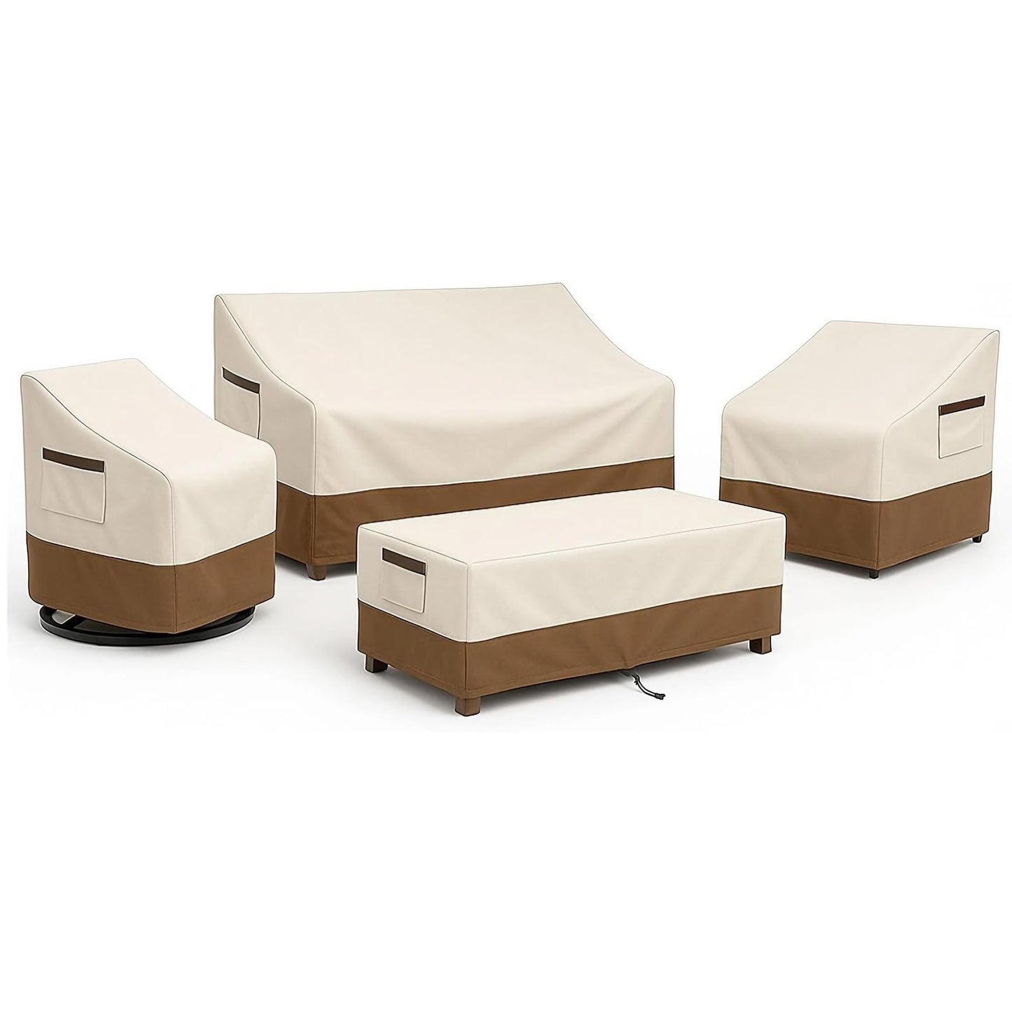 4-Piece Patio Furniture Cover Set, Waterproof Outdoor Furniture Covers for 3-Seater Sofa, Patio Chairs & Coffee Table, Heavy-Duty 600D, Fade&UV-Resistant, Breathable, All-Season Protection,Beige&Brown