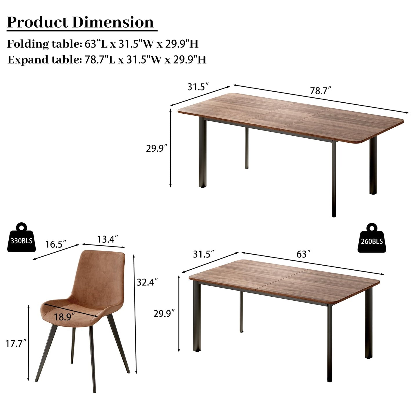 HIPIHOM 63"- 78.7" Extendable Dining Table Set for 8, Modern Kitchen Table with Dining Chairs for 6-8 Person, Thickened Expandable MDF Wooden Table with Metal Leg for Dining Room, Kitchen, Living Room