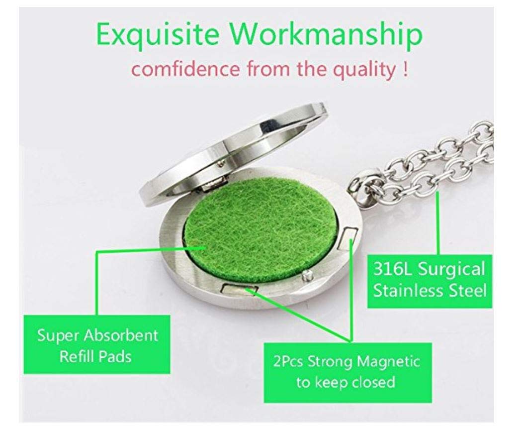Aromatherapy Essential Oil Diffuser Stainless Steel 30MM Silver Magnetic Locket Pendant with Chain Necklace and Colored Refill Pads & Diffuser Bracelet All in a Velvet Bag (Soccer)