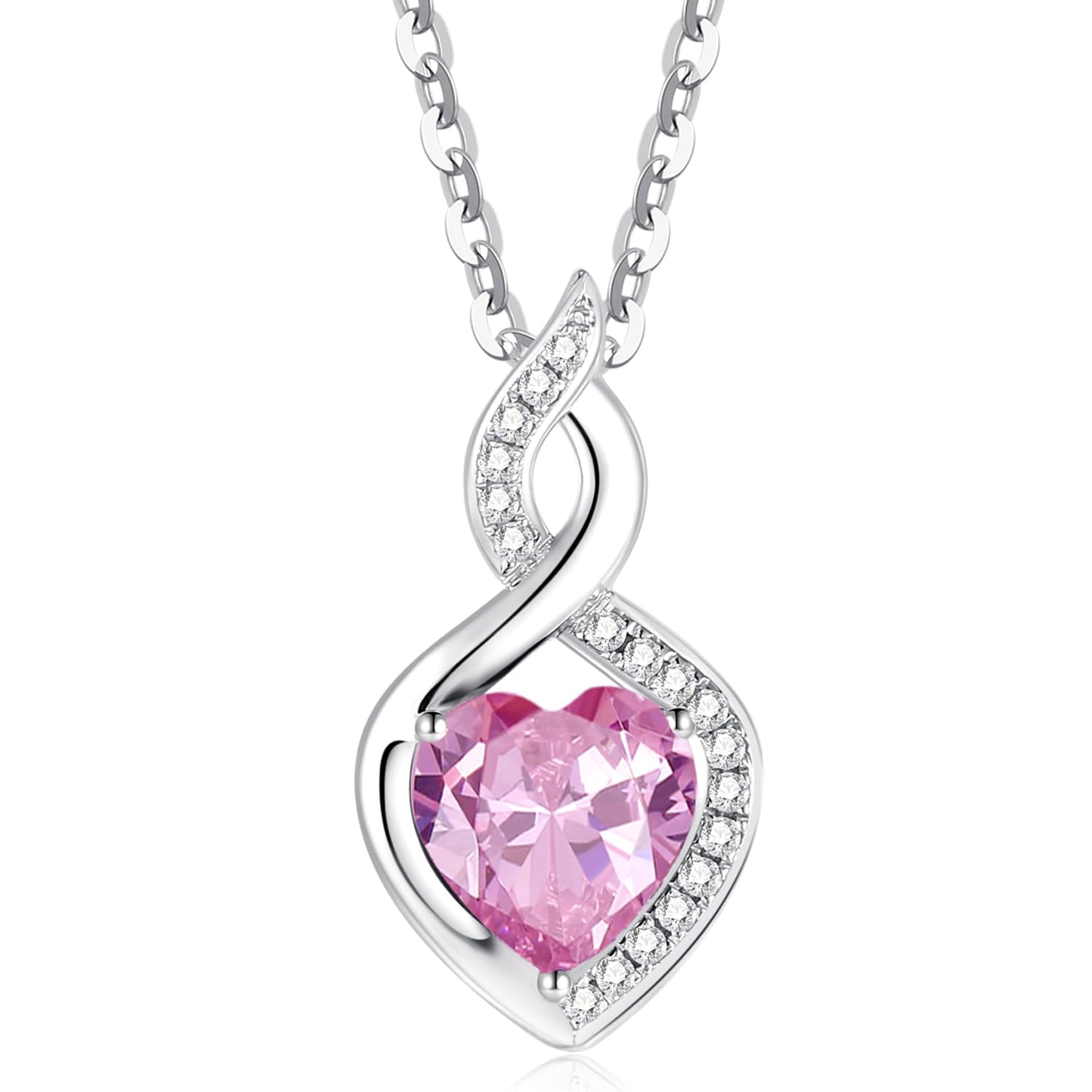 FANCIME Pink Tourmaline Necklace 14K Solid White Gold Heart Pendant with Diamond October Birthstone Necklace Birthday Gifts for Mom Women