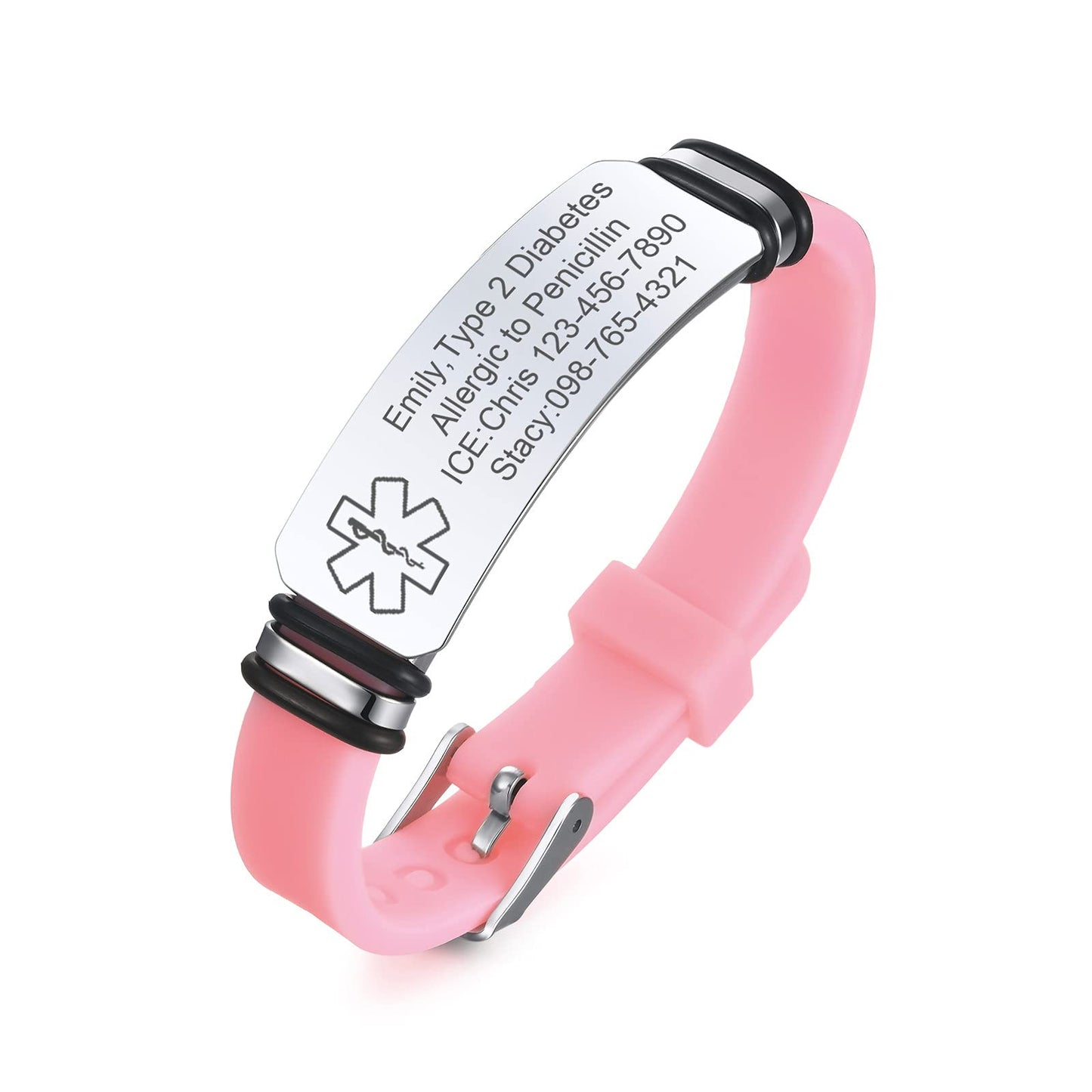 VNOX Pink Medical Alert Bracelets for Men Women with Adjustable Sport Silicone Medical ID Bracelets Wristband