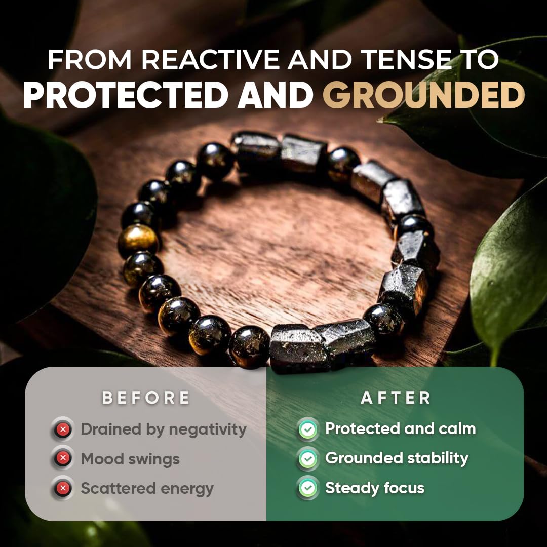 Conscious Items - Spiritual Protection Bracelet - Golden Obsidian & Black Tourmaline Bracelet - Grounding Beaded Bracelets for Men & Women, 6.7 in