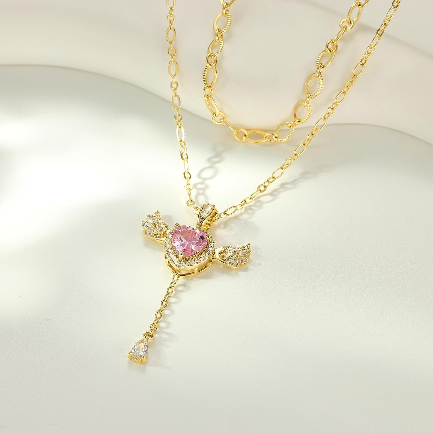 MEIITRUE Heart Necklace for Women Trendy,14k Gold Plated Dainty Layered Necklaces Set Cubic Zirconia Love Drop Pendant with Movable Wings Personalized Choker Chain Jewelry Gift Pink