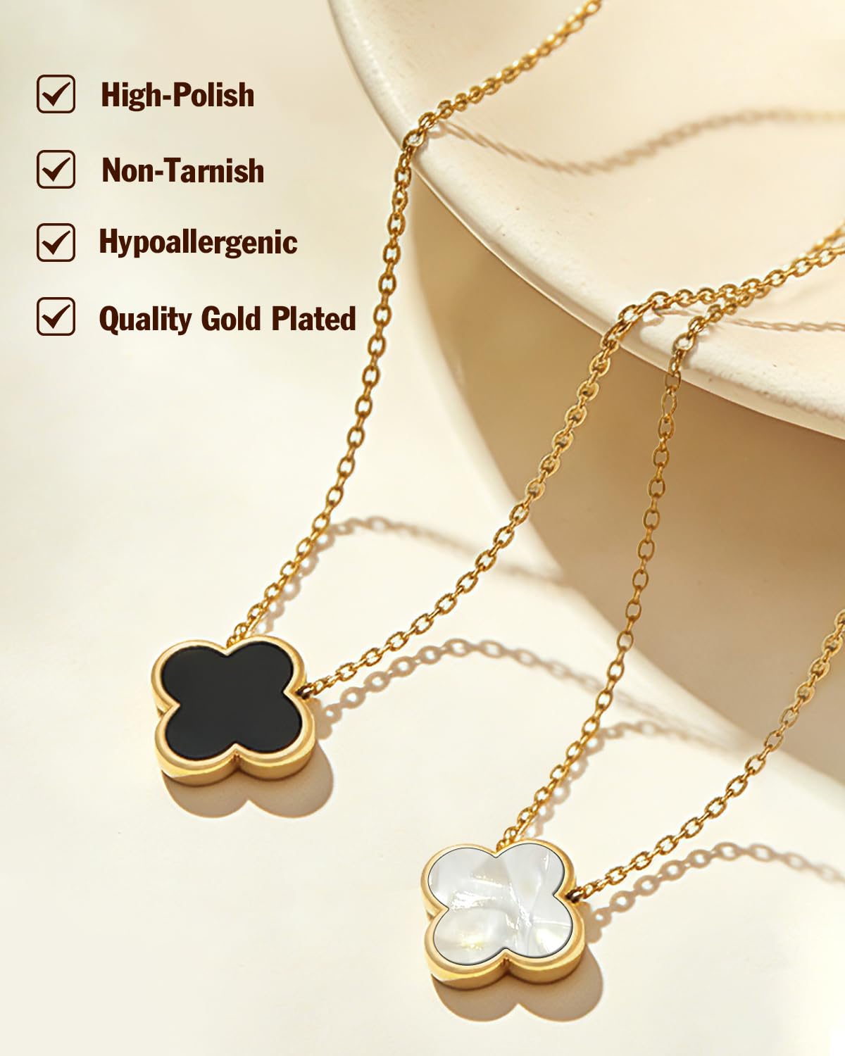 Aimétte Monette 18K Gold Plated Necklaces for Women, Dainty Lucky Four Leaf Clover Gold Necklace Set 2 Side Clover Charm Necklace, Fashion Jewelry Gifts for Women Black and White