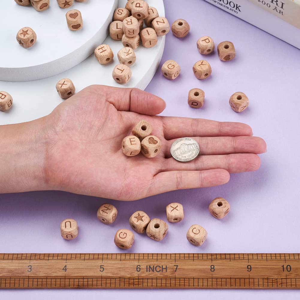 KISSITTY 98pcs Wooden Beads for Crafts Letter Wood Beads Cube Alphabet Beads Large Hole Wood Spacer Beads with Star Heart for Necklaces Bracelet Antique White Letters