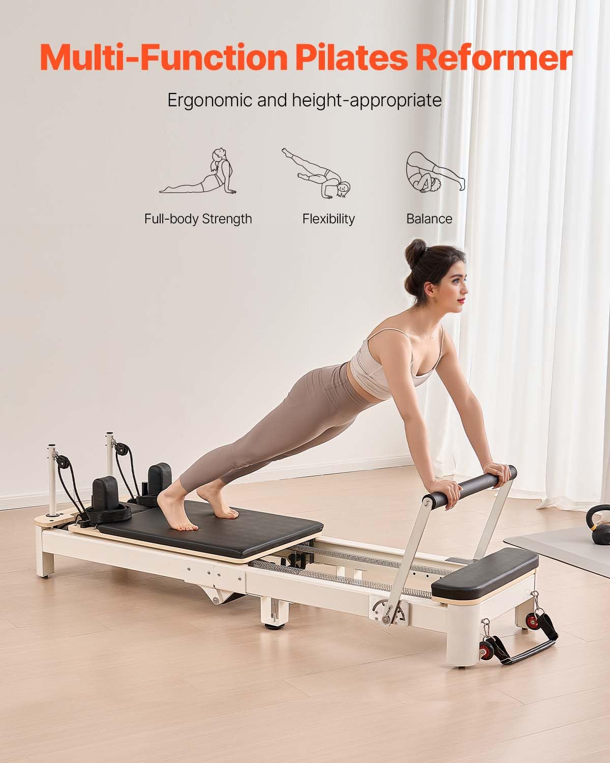 VEVOR Foldable Pilates Reformer Machine, Reformer Set with Sitting Box, Pilates Bed with Dual Resistance- Spring & Cord, for Advanced Users & Beginners Home Gym Studio, Up to 400 LBS