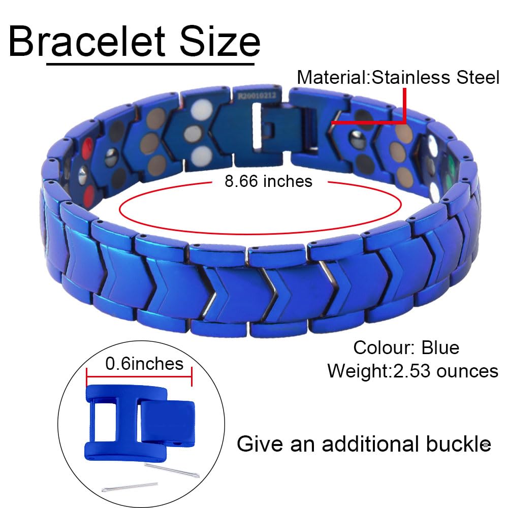 KYOSI 3X Mens Magnetic Bracelet Three rows Energy Stainless Steel Blue Bracelets for Men Magnet Link Jewelry Fathers Day Gift (Blue, 8.66 inches)