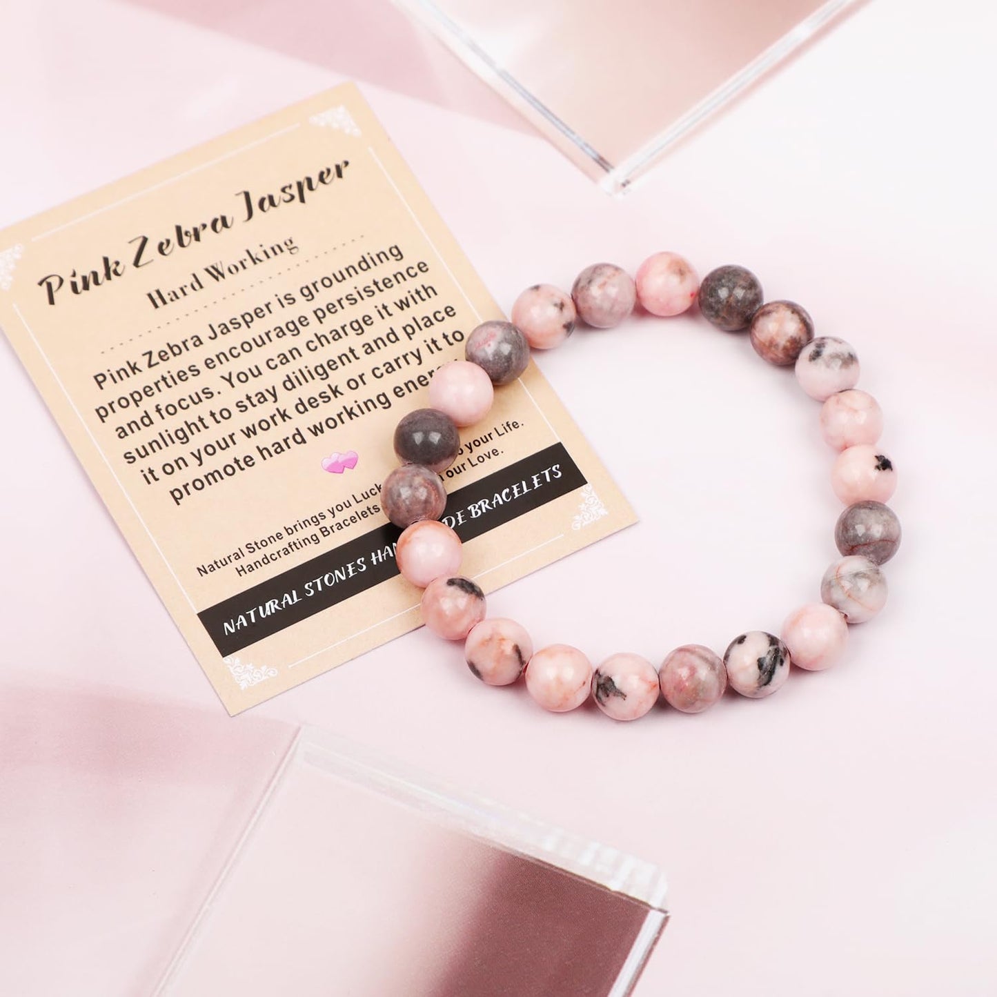 AD Beads Handmade Gemstone Stretch Elastic Bracelet Crystal Healing Reiki Nature's Beauty and Spiritual Essence Unisex (6mm, Pink Zebra Jasper (Hard Working))