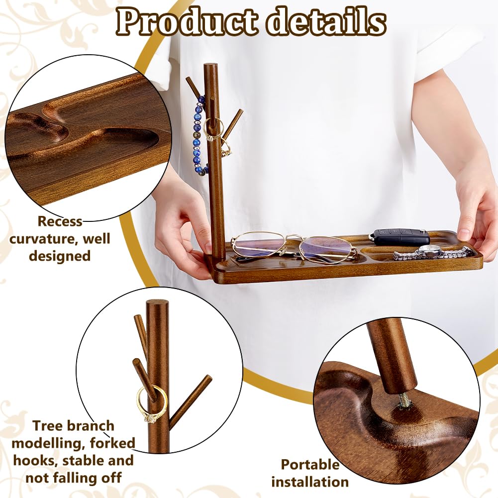 PH PandaHall Wood Key Tray for Entryway Table Key Holder Jewelry Tray for Home Decorations with Hanging Organizer Ring Bracelet Stand Tray for Watch Glasses Phone12.9x4.7x8.9 Inches, Brown