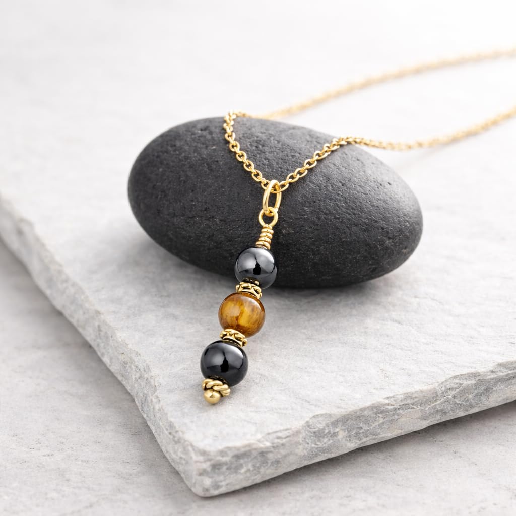 EnCharmed Antique Gold Triple Protection Necklace, Handmade Healing Jewelry for Luck Prosperity Happiness, Natural Hematite Tiger Eye and Black Obsidian Pendant, Spiritual Gift for Men or Women