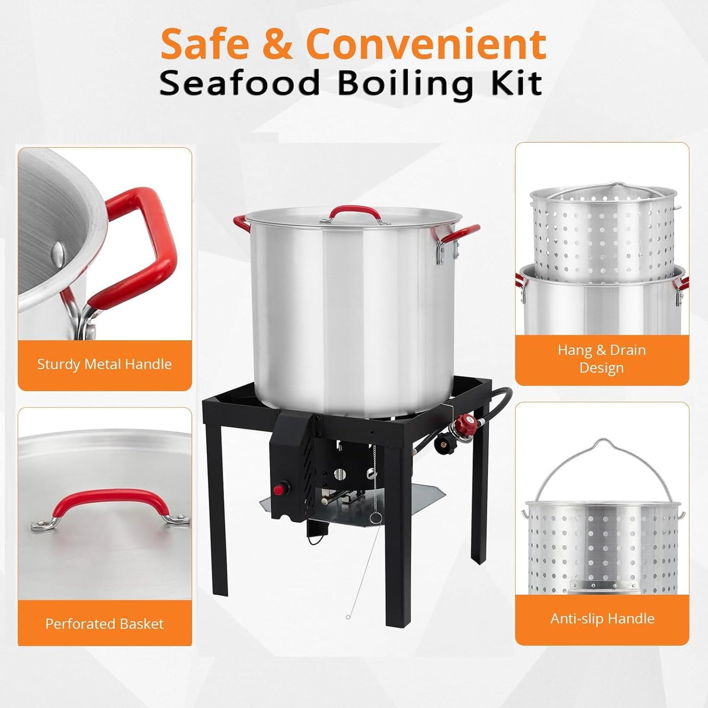 100 Qt Seafood Boil Pot, ACONEE Aluminum Crawfish Boiler w/Steam/Boil Basket & Strainer, 110000 BTU Propane Stove Burner with Lifting Hook, 10 PSI Regulator, Outdoor Cooking Shrimp Crab Boiler