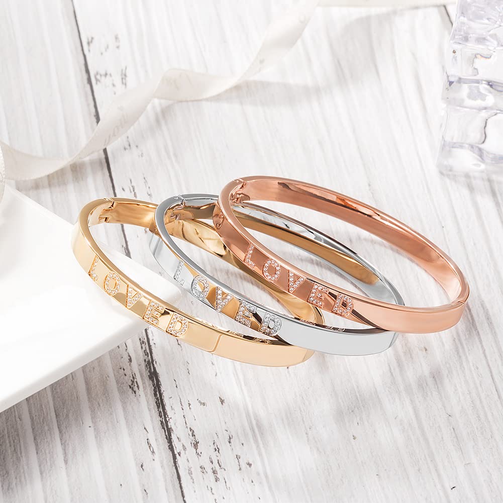 WISTIC Gold Plated Bangle Bracelet for Women, Silver Engraved Letter Cuff Bracelet with CZ, Fits 6.0–7.0 Inch Wrist, 2.4in Inner Dia., Rose Gold Stainless Steel Hinged Bangle Jewelry, LOVED, Gold