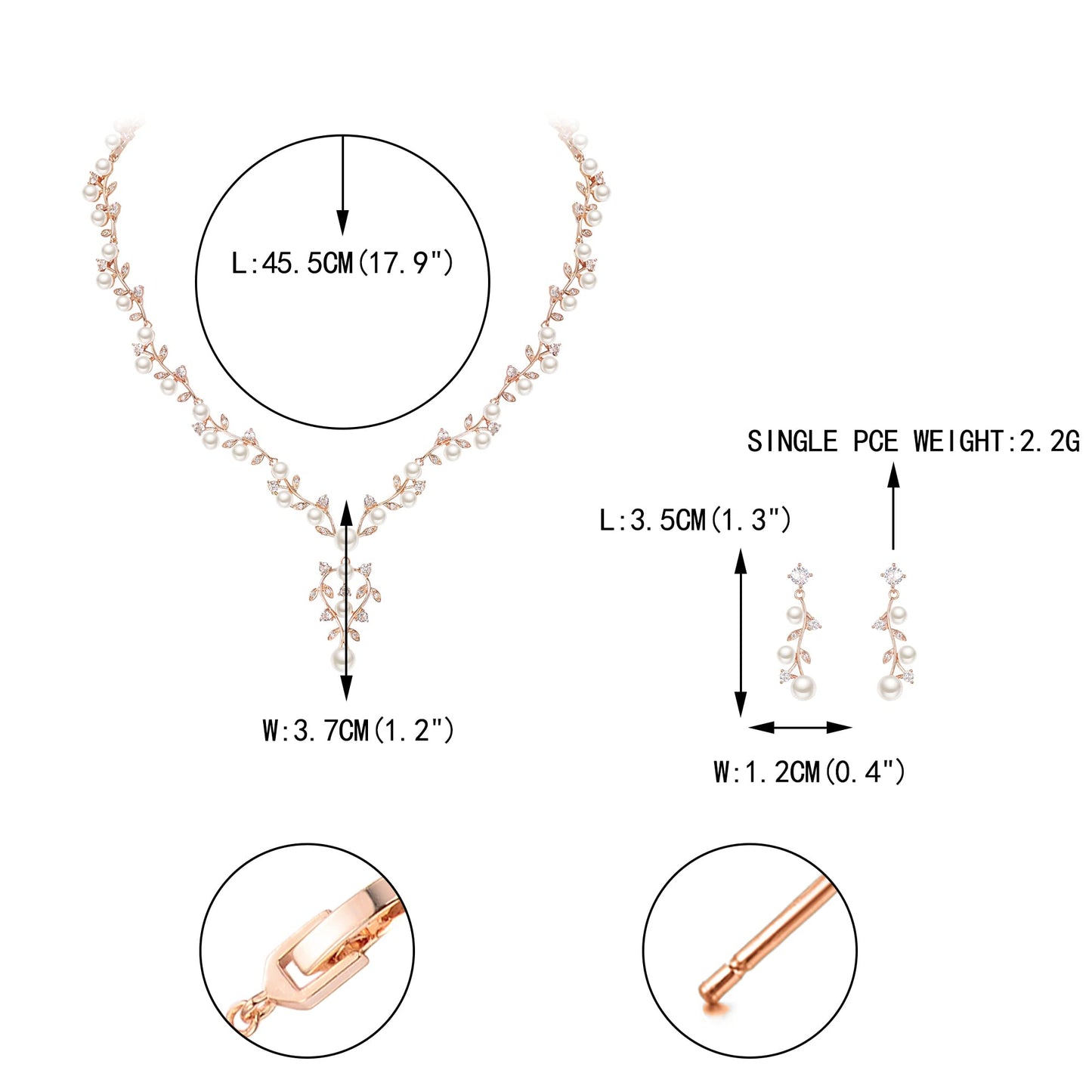 EVER FAITH Bridal Jewelry Sets for Women, White Cubic Zirconia Simulated Pearl Leaf Vine Wedding Bride Necklace Earrings Set Clear Rose Gold-Plated-Brass