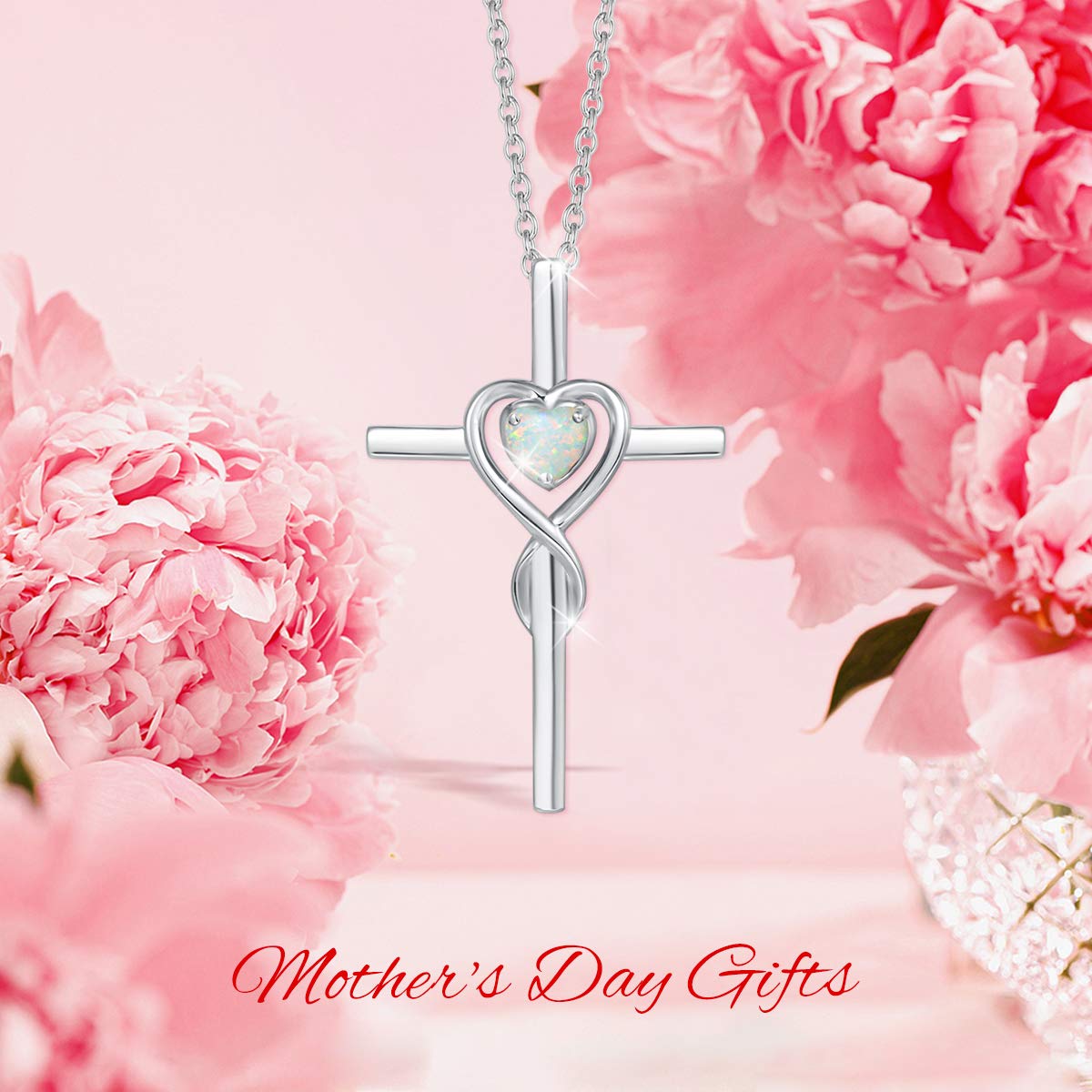 FANCIME Opal Cross Necklace For Women Sterling Silver Birthstone Created Opal Necklace Infinity Heart Cross Pendant October Birthstone Jewelry Gifts for Women