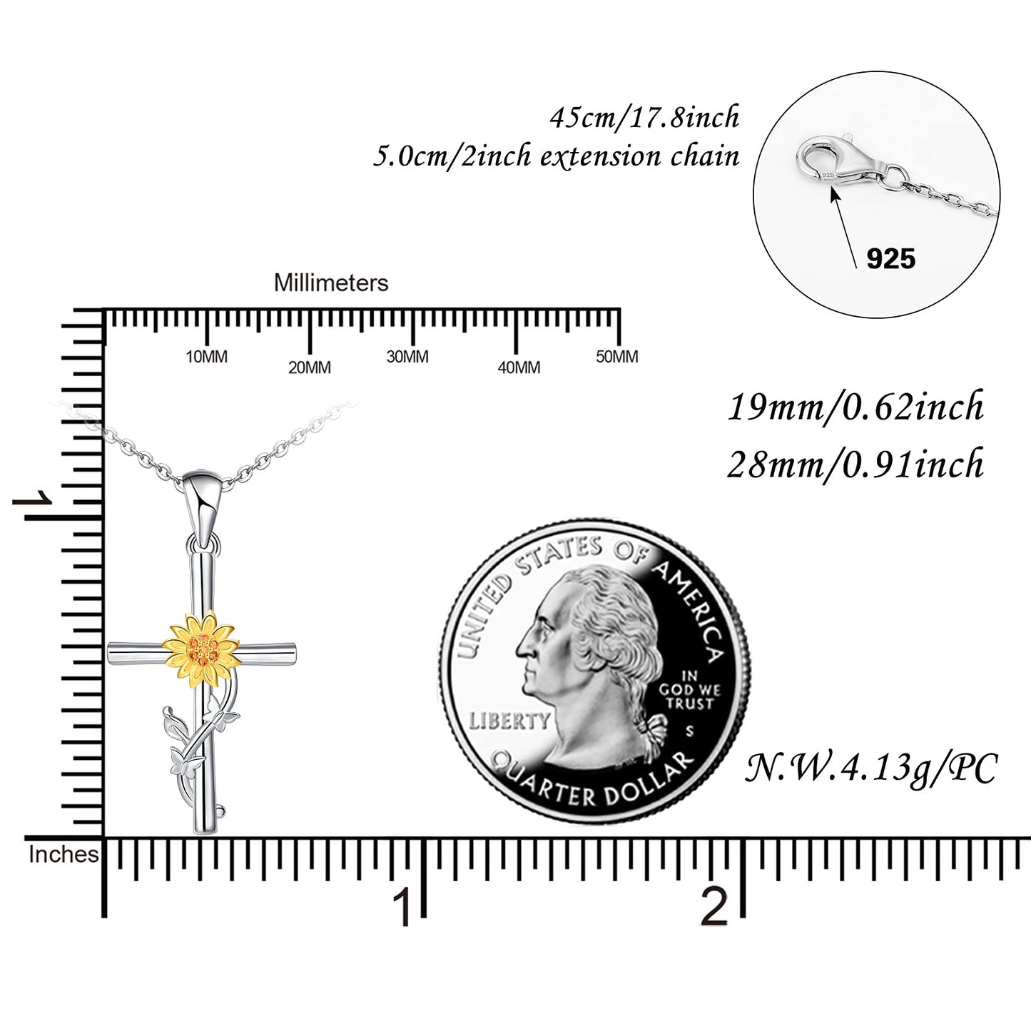 Distance Cross Necklace for Women 925 Sterling Silver Double Butterfly and Sunflower Pendant Necklace for Mom Wife Gift for Mother's Day or Birthday