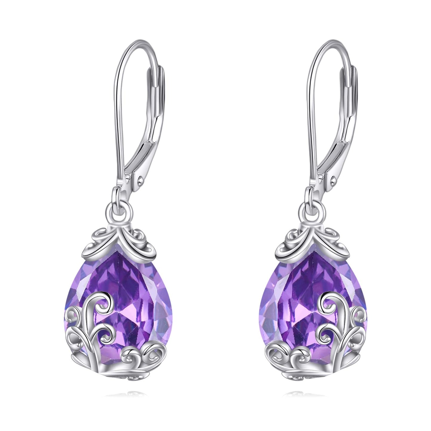 POPLYKE BirthStone Filigree Teardrop Drop Dangle Earrings Sterling Silver Amethyst Leverback Earrings February Birthstone Jewelry Gifts for Women