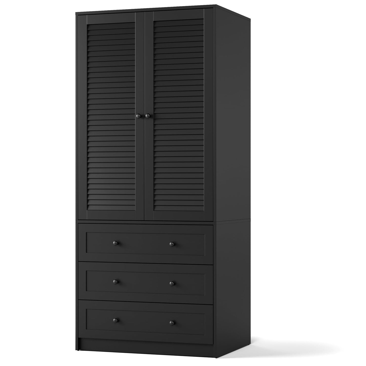 GarveeHome Armoire Wardrobe Closet with Drawers, 69.5 in Wooden Wardrobe Cabinet with Hanging Rod, 2 Doors Clothing Storage Cabinet for Bedroom, Large Capacity Storage, Louvered Door, Black