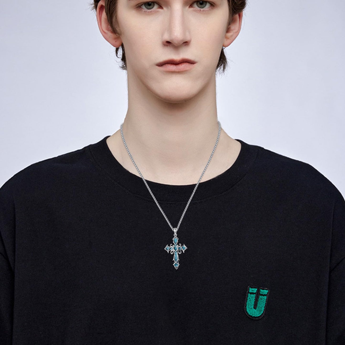 YEESIA Cross Necklace for Men Women, 925 Sterling Silver Cross Pendant Necklace with Turquoise, Christian Jewelry, Gift for Men Women