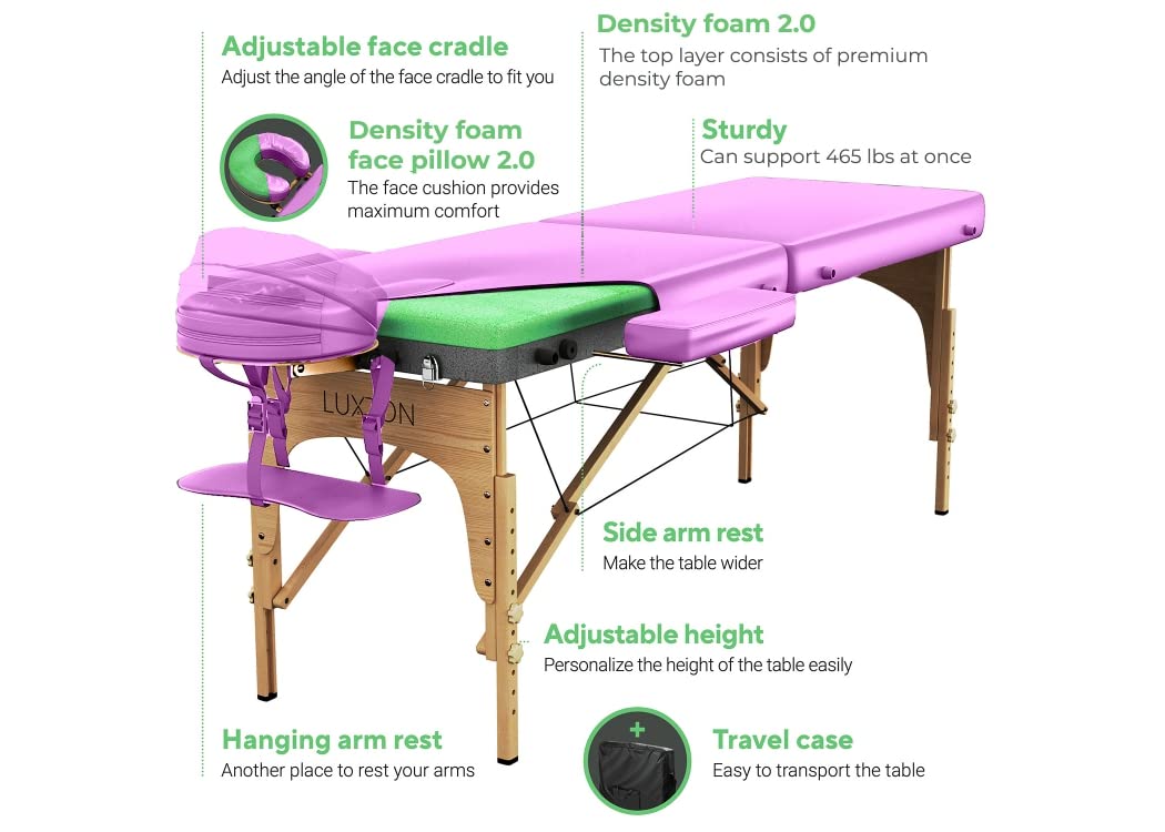Luxton Home Premium Foam Massage Table Portable Foldable Massage Bed Height Adjustable, 72 Inches Long 27 Inches Wide Home Salon Spa Bed Tattoo Table with Accessories & Carrying Case, Easy Set Up