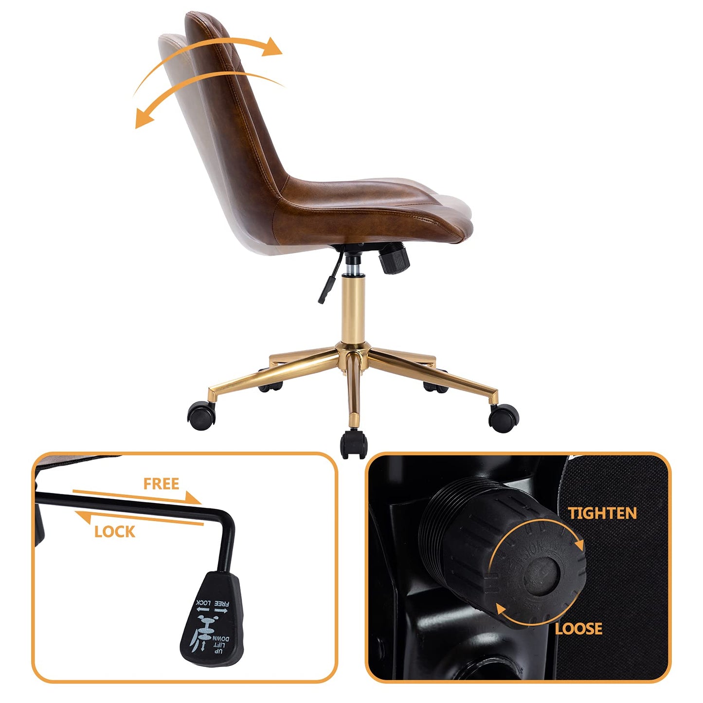 DUHOME Modern PU Leather Office Chair Desk Chair Swivel Computer Chair with Gold Base Yellowish-Brown