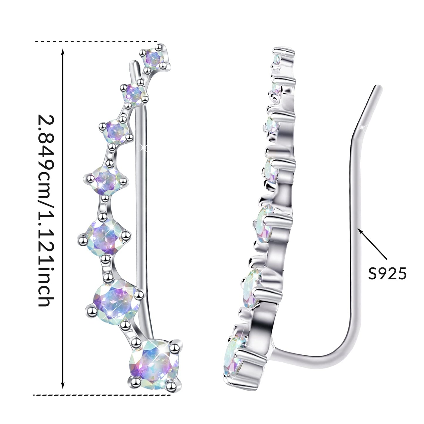 Sterling Silver 7 Crystals Ear Cuffs Climber Cartilage Earrings Dainty Trendy Jewelry Hypoallergenic Fashion Earring Charms Birthday Gift for Women (White Colorful)