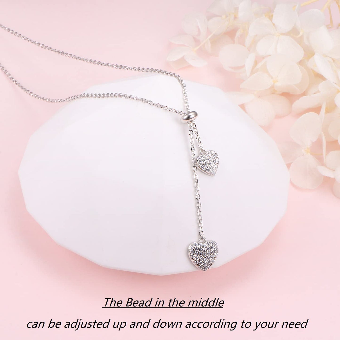 FLYOW 30 Inch Long Chain Dainty Lariat Necklace Simple Style 925 Sterling Silver Heart CZ Pendant Adjustable Y Shaped Necklace Jewelry Valentine's Day Jewelry