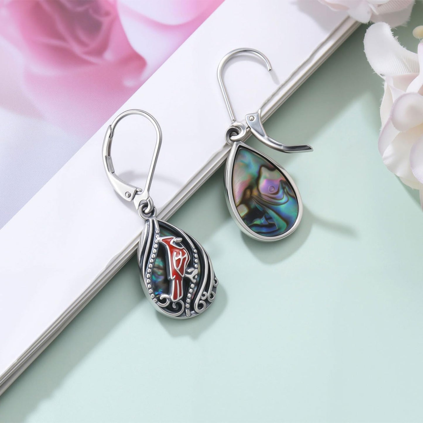 YYmqmq Cardinal Gifts for Women 925 Sterling Sliver Abalone Cardinal Dangle Earrings Leverback Red Bird Jewelry Gifts for Women Girlfriend