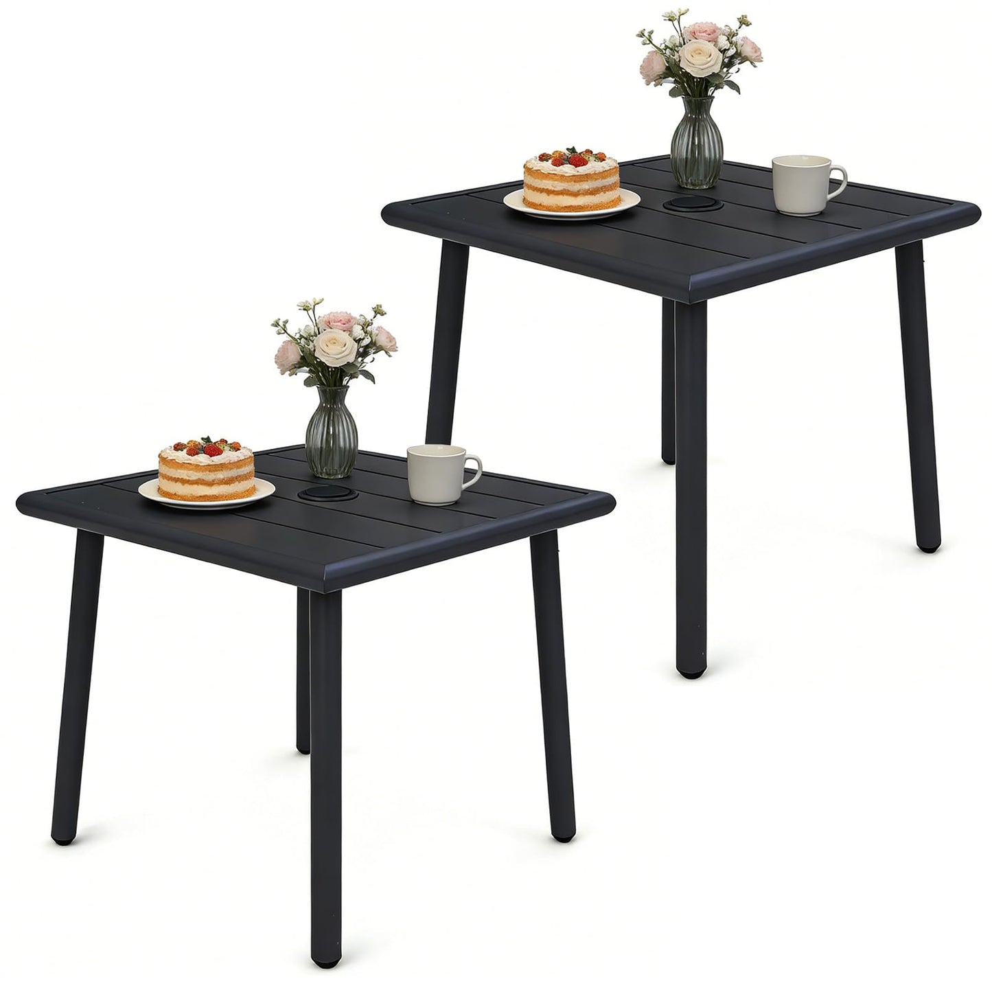 UFavo Home Small Metal Outdoor Side Table with Umbrella Hole Set of 2, Sqaure Patio Coffee Bistro Table End Table, Umbrella Table with Hole for Poolside Yard Porch Deck Balcony,19.7x19.7 inches, Black