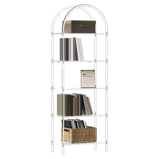 CRTERICX Acrylic Arched Bookshelf, 5-Tier Clear Bookcase, Modern Open Book Shelves for Home Office, Bedroom, Living Room, 11.8" D x 23.64" W x 65.7" H