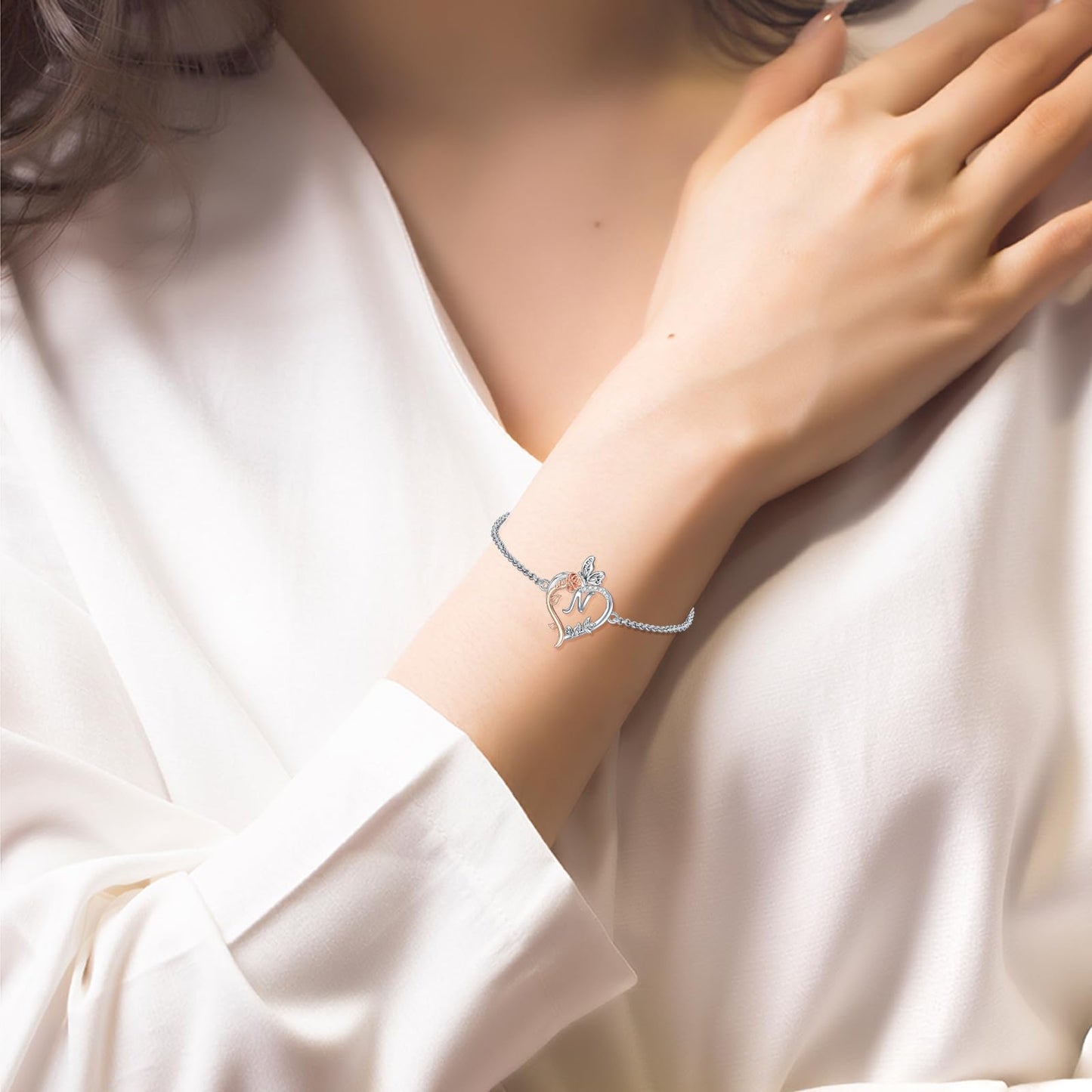 TOUPOP Rose Heart Bracelet for Women Sterling Silver Heart Initial N Letter Bracelet Butterfly Love Jewelry Anniversary Birthday Mothers Day Gifts for Mom Wife Her Girlfriend