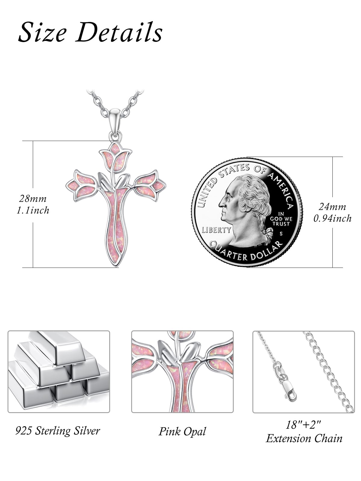 Dreamboat Opal Cross Necklace for Women Sterling Silver Cross Pendant Christian Necklace Tulip Rose Pink Opal Faith Confirmation Gifts Religious Jewelry for Mom