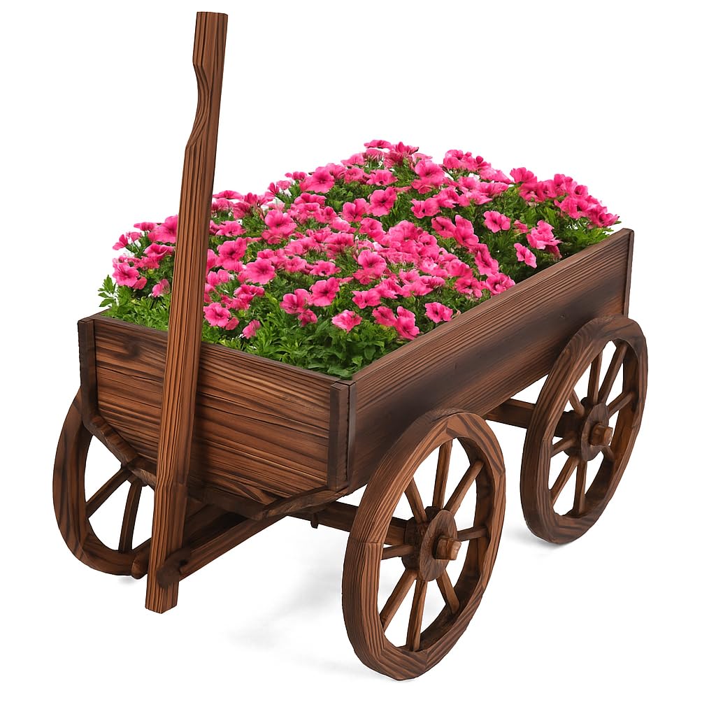 Tangkula Wooden Wagon Planter Box, Decorative Garden Planter w/Wheels, Handle, Drain Hole, Rustic Wooden Flower Cart for Indoor & Outdoor Decor for Patio, Garden, Balcony (29.5" L x 17" W x 21" H)