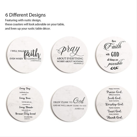Hoomey Coasters for Drinks with Bible Verses, Set of 6 Absorbent Drinks Coasters with Holder Ceramic Drink Coaster with Cork Backing for Table Protection, Christian Coasters, Christian Gifts