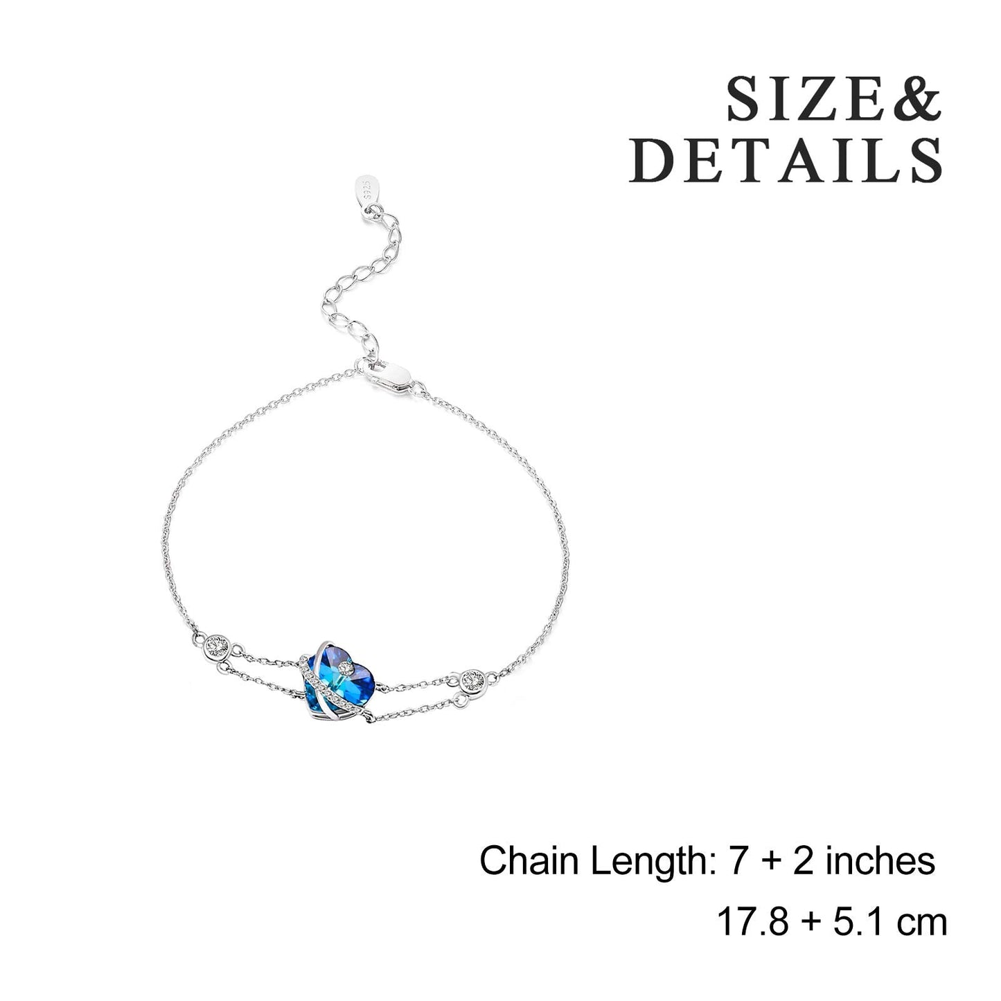 AOBOCO I Love You Jewelry - Sterling Silver Blue Purple Love Heart Bangle Bracelet Embellished with Crystals from Austria, Fine Anniversary Birthday Jewelry Gifts for Women (04 Blue Bracelet)