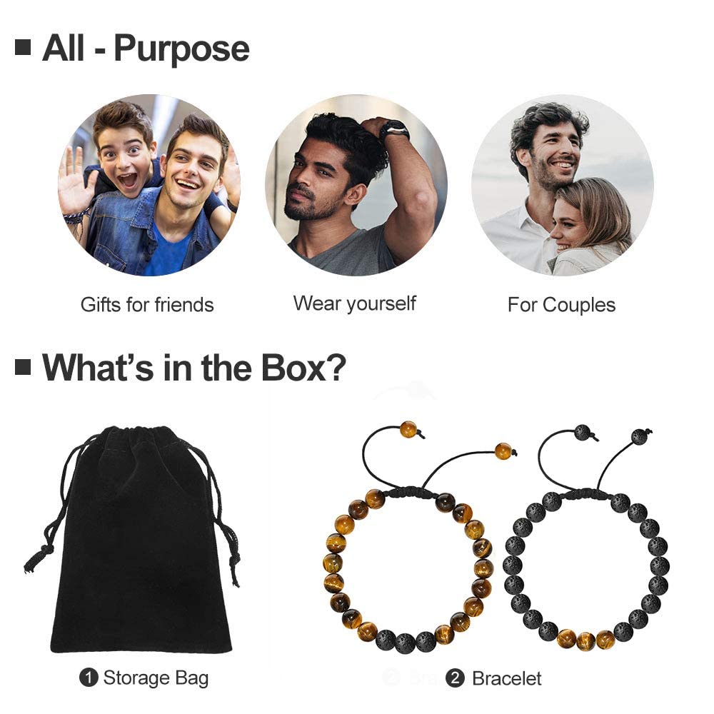 M MOOHAM Bracelets for Men - Beaded Natural Tiger Eye Bracelets for Men Black Lava Rock Stone Chakra Mens Anxiety Bracelet Adjustable Aromatherapy Oil Diffuser Jewelry Gifts