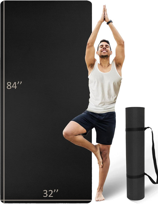 Extra Long & Wide Thick Yoga Mat for Tall Men & Women, 84'' x 32'' x 7mm Oversized Yoga Mat Double-Sided Non Slip, Pro TPE Yoga Mats with Strap
