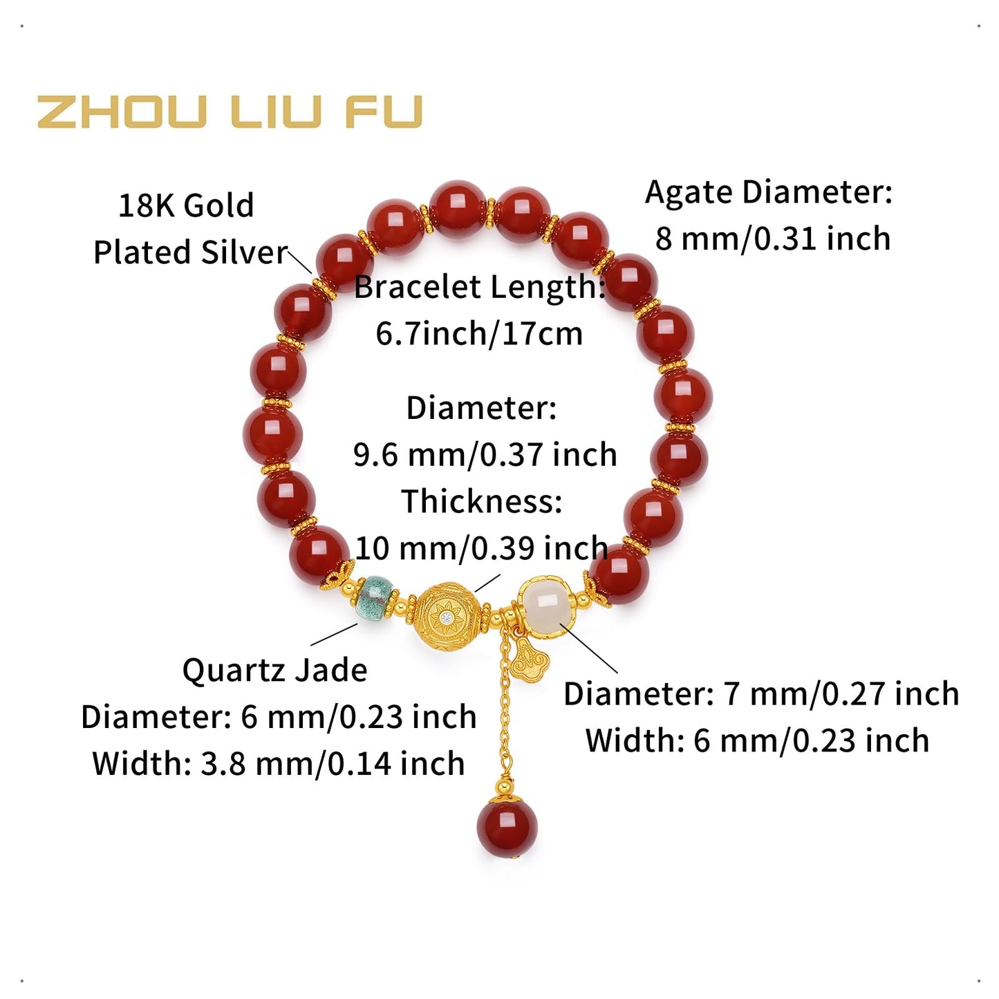 ZHOU LIU FU Sterling Silver Bracelets Silver Red Agate Elephant Pendant Beaded Stretch Bracelet Blessing Silver FengShui Ball Charm Jewelry for Women Her Anniversary Birthday 6.7"/17CM J1916278