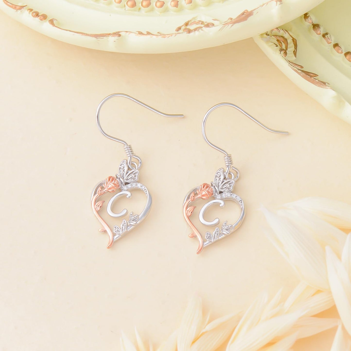 TOUPOP Rose Heart Initial Earrings Sterling Silver Butterfly Earring Initial C Letter Drop Dangle Earrings Jewelry Anniversary Birthday Mothers Day Gifts for Women Mom Wife Girlfriend Her