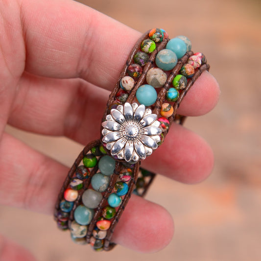YGLINE Boho Handmade Natural Stone Bead 3 Row Wide Wrap Wrist Statment Bracelet Jewelry Collection (regalite ＆agalmatolite)