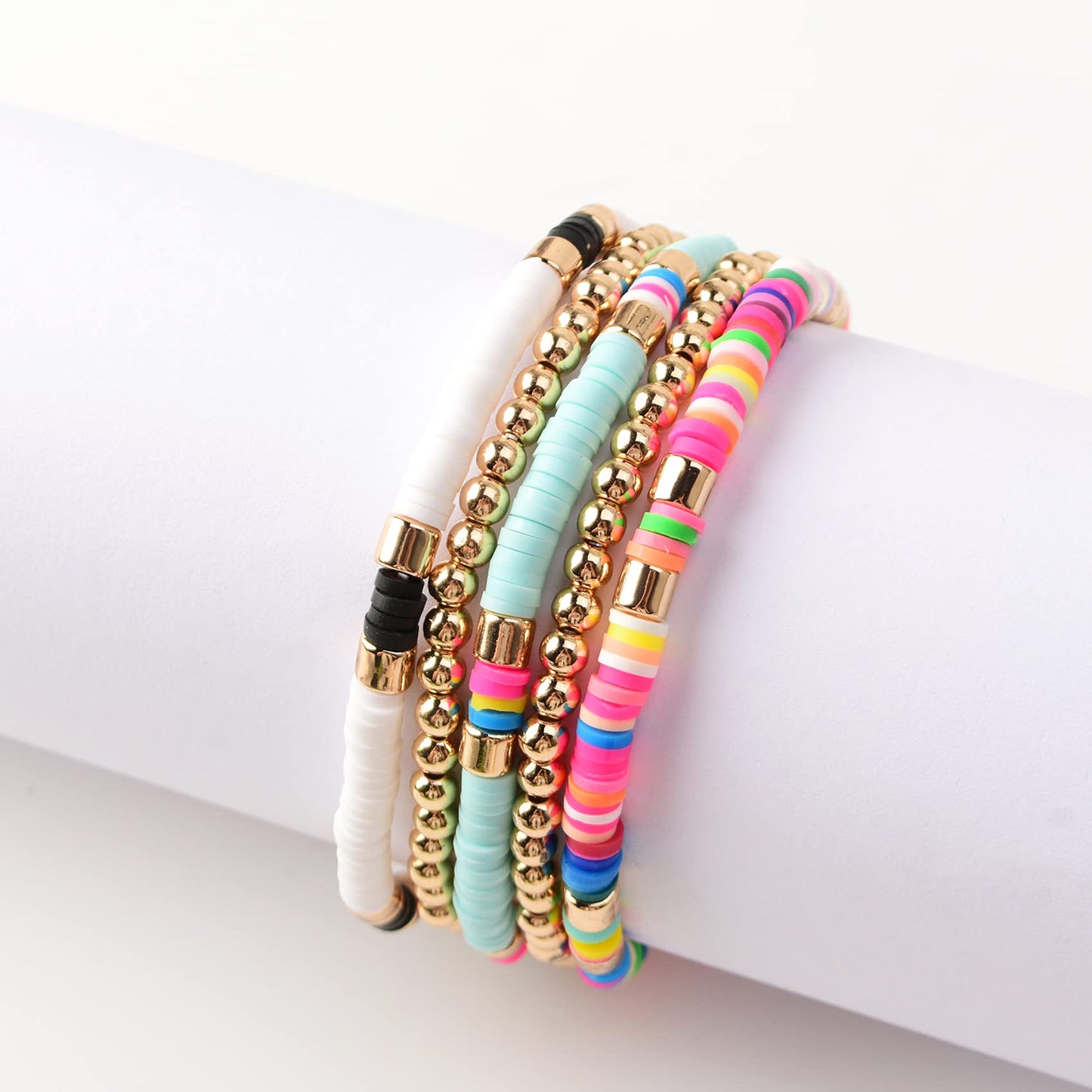 GOOJIDS Surfer Heishi Clay Bead Bracelets for Women Bohemian Stackable Gold Plated Beaded Stretch Bracelets Elastic Layering Friendship Bracelets Set Boho Jewelry