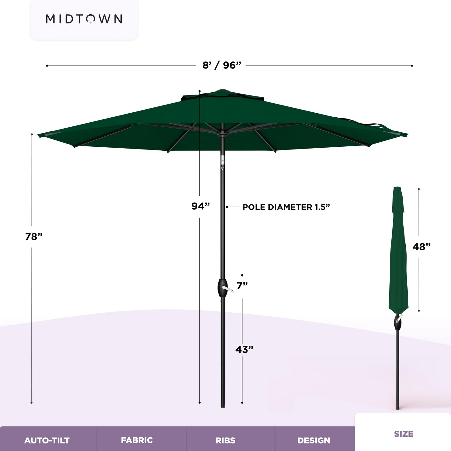 Midtown Umbrellas – The Lean 8 Ft Patio Umbrella with 10-Year-No-Fade Acrylast Acrylic Fabric, Auto-Tilt and 8 Reinforced Ribs for Deck, Pool, Garden, Hotel & Cafes – Forest Reserve Canopy, Black Pole