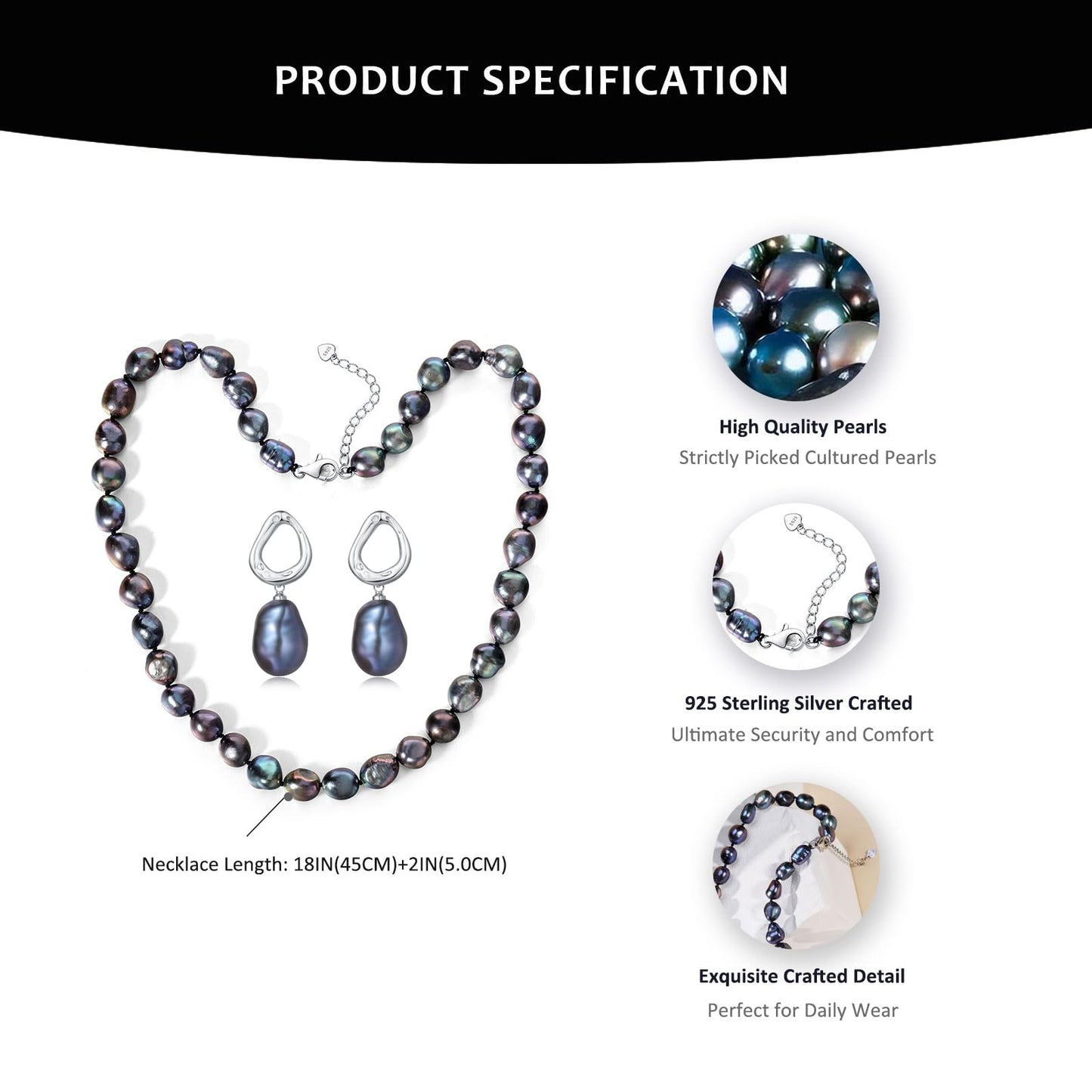 BAMIKI Black Pearl Necklace and Earrings Baroque, Tahitian Pearl 8-9.5mm, 925 Sterling Silver Clasp, Jewelry for Women, Gifts for Mother wife Anniversary Birthday, 18+2IN Adjustable Chain