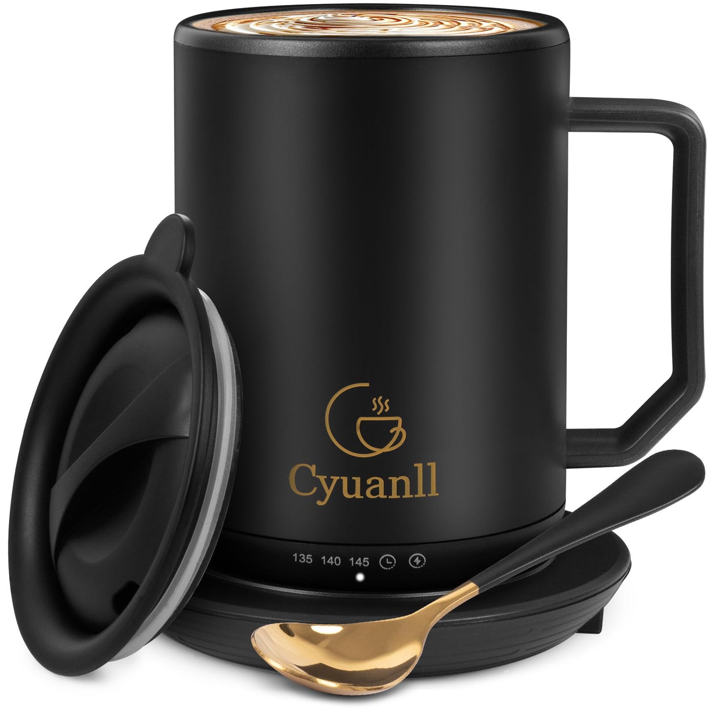 Upgraded Heated Coffee Mug with Auto Shut-Off Function,Self-Heating Temperature Control Mug with Lid and Spoon,Smart Mugs Warmer for Coffee,3 Temperature Settings,Gifts for Men and Women(Black-12 oz)