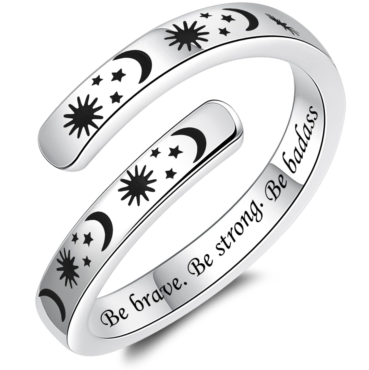 925 Sterling Silver Inspirational Jewelry Adjustable Wrap Open Ring Encouragement Gift for Women (Sun & Moon - Be brave. Be strong. Be bad*)
