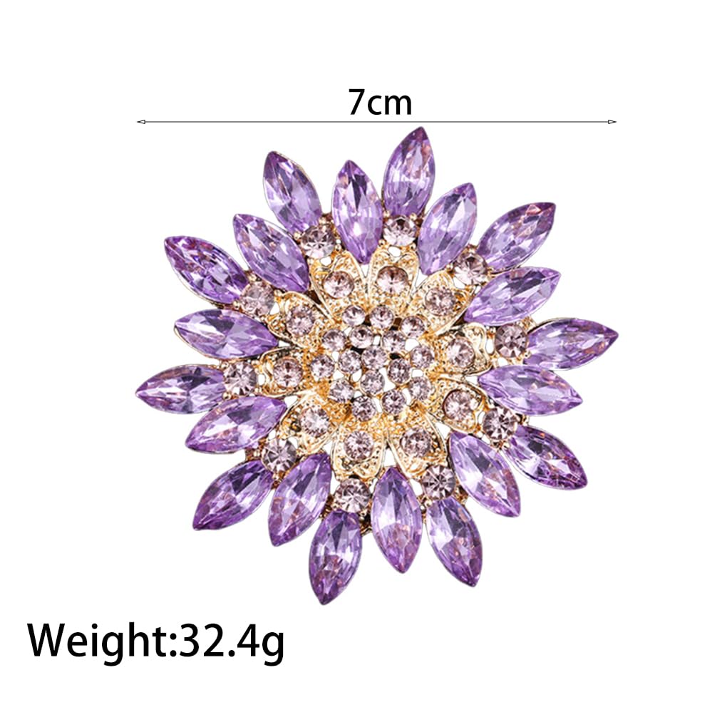 Rhinestone Large Flower Brooches Pins for Women Fashion Sparkly Crystal Sunflower Statement Brooch Wedding Party Suit Dress Formal Jewelry Accessories (purple)