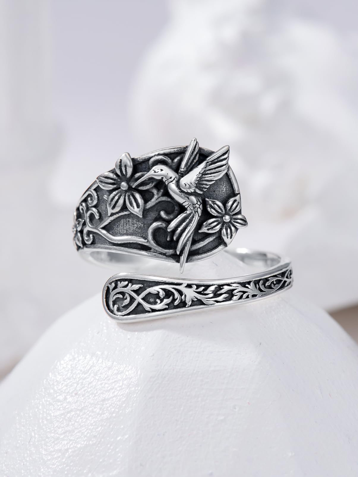 Midari 925 Sterling Silver Hummingbird Spoon Ring - Adjustable Open Thumb Ring for Women - Vintage Bird Jewelry for Hummingbird Lovers
