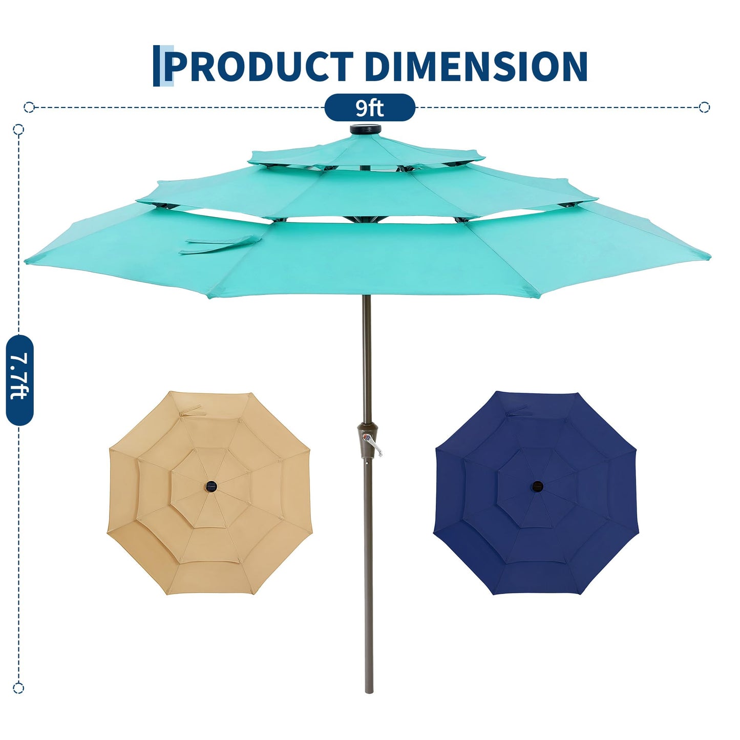 JoanKaren 3 Tier Patio Umbrella with Light, 9ft Outdoor Patio Umbrella with Vented Top, 24 LED Solar Lights, Easy Crank and Push Button Tilt, 8 Sturdy Ribs, for Pool, Deck, Yard, Garden, Light Blue