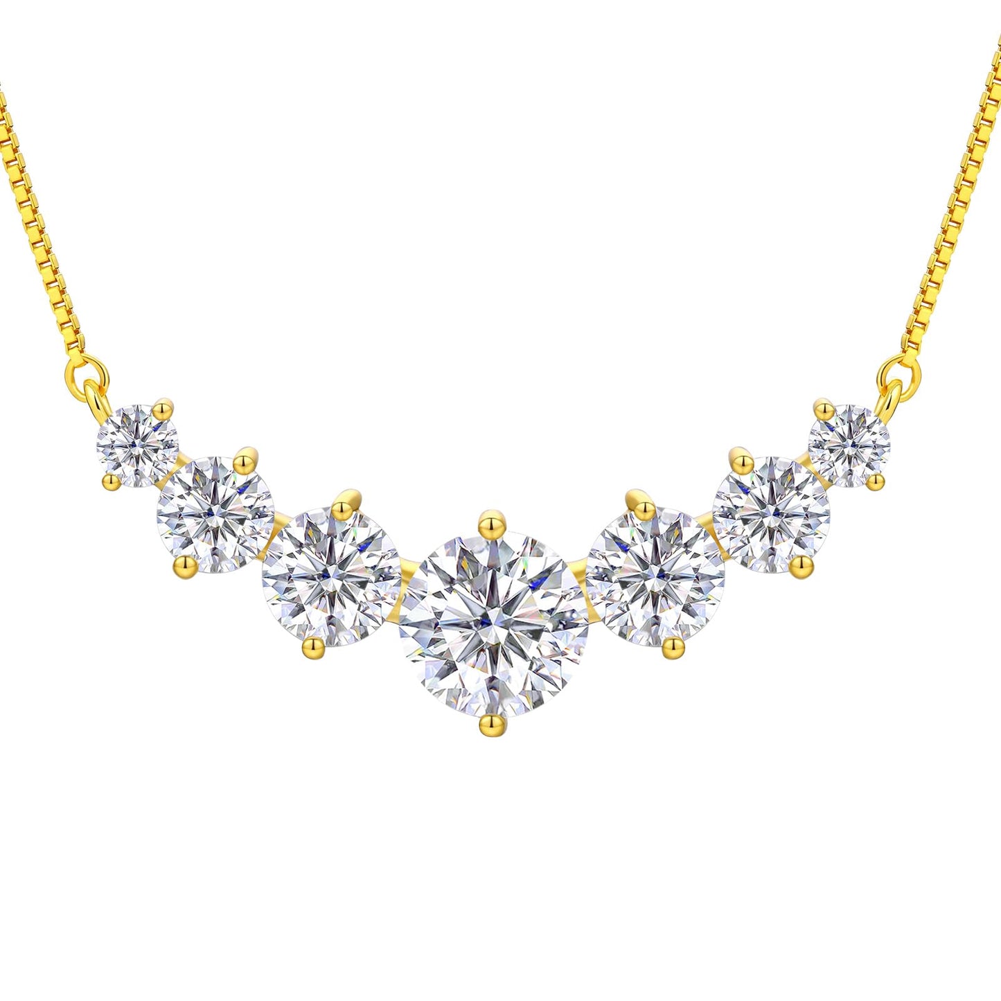Moissanite Necklace for Women, 5.0 Carat 7 Stones Simulated Diamond Necklace 18k Yellow Gold Plated Sterling Silver Smile Pendant Necklace 16.5+2.5 inch Box Chain with Certificate of Authenticity