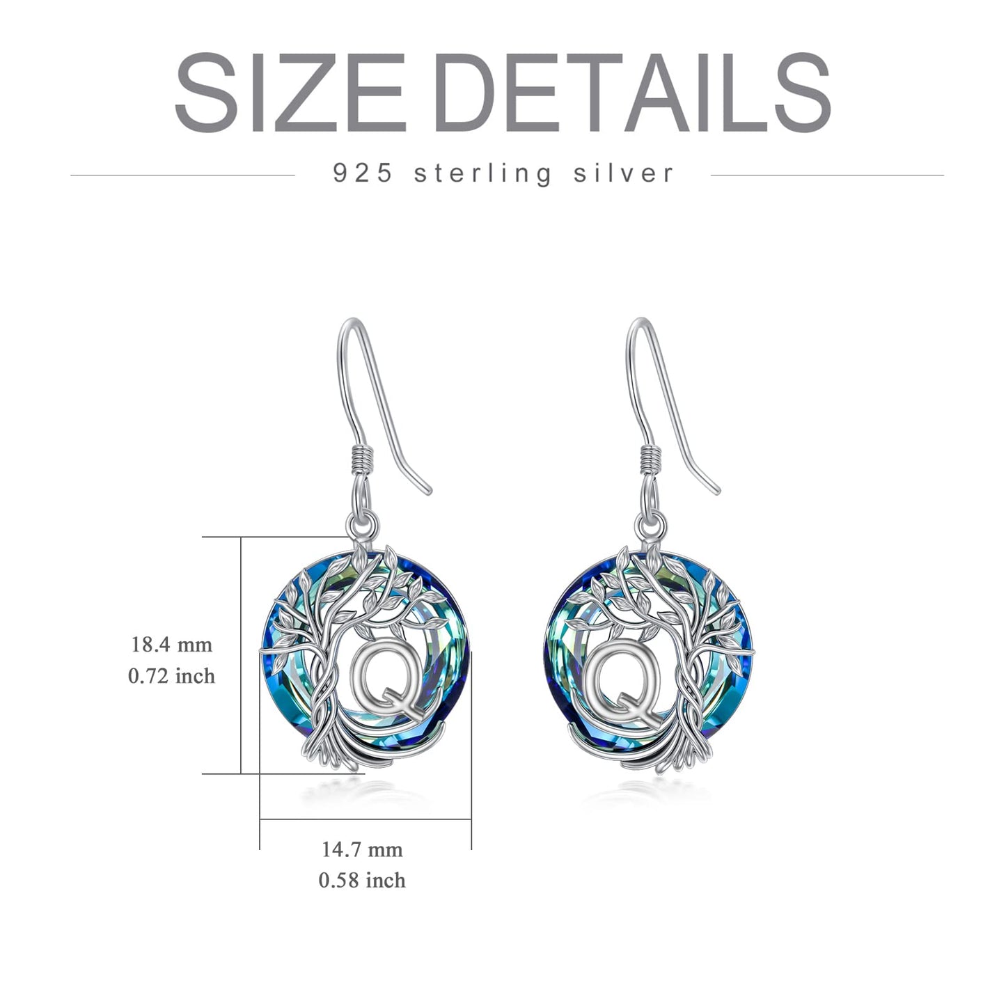 TOUPOP Tree of Life Initial Earrings Sterling Silver Initial Q Letter Drop Dangle Earrings Blue Circle Crystal Family Tree Jewelry Birthday Mothers Day Gifts for Women Mom Her