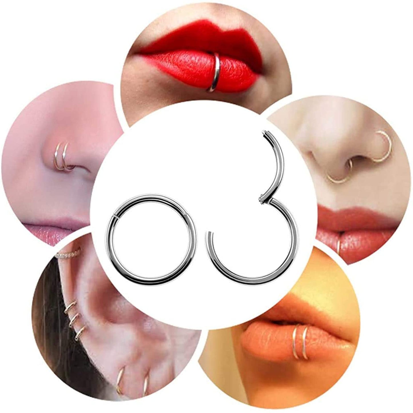 BOGKU 6pcs G23 Titanium Septum Rings 16G Diameter 6mm/8mm/10mm Hinged Nose Ring Hoops for Women Men Cartilage Hoop Earrings Body Piercing Rings Pink Lip Rings (Pink)